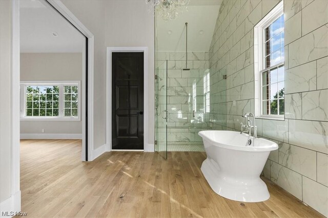 2585 Glendale Rd, Marietta, OH 45750 - full bathroom featuring wood finished floors, baseboards, a freestanding bath, a shower stall, and tile walls