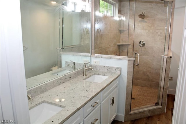 bathroom with vanity, hardwood / wood-style flooring, and a shower with door