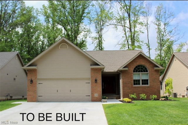 single story home featuring a front yard, a garage, and central AC unit