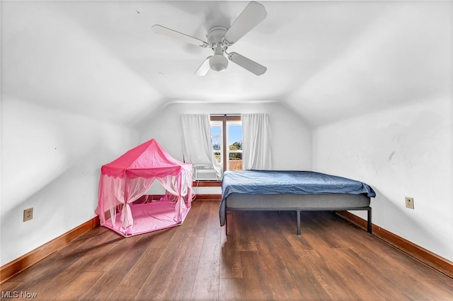 bedroom featuring ceiling fan, lofted ceiling, and dark wood-type flooring