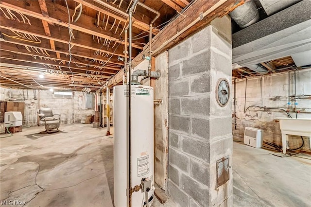 basement with electric panel and gas water heater