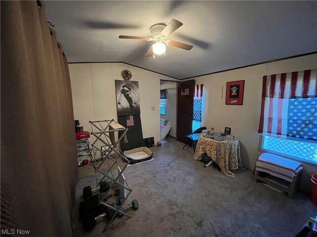 bedroom featuring lofted ceiling, multiple windows, a ceiling fan, and carpet flooring