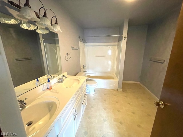 full bathroom featuring shower / bathtub combination, tile patterned flooring, dual vanity, and toilet