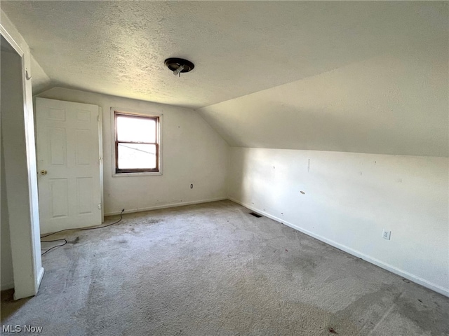 additional living space with lofted ceiling, carpet, and a textured ceiling