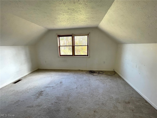 additional living space featuring carpet flooring, lofted ceiling, and a textured ceiling