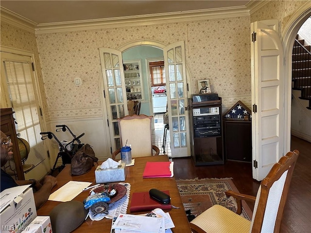 dining room with dark hardwood / wood-style floors and ornamental molding