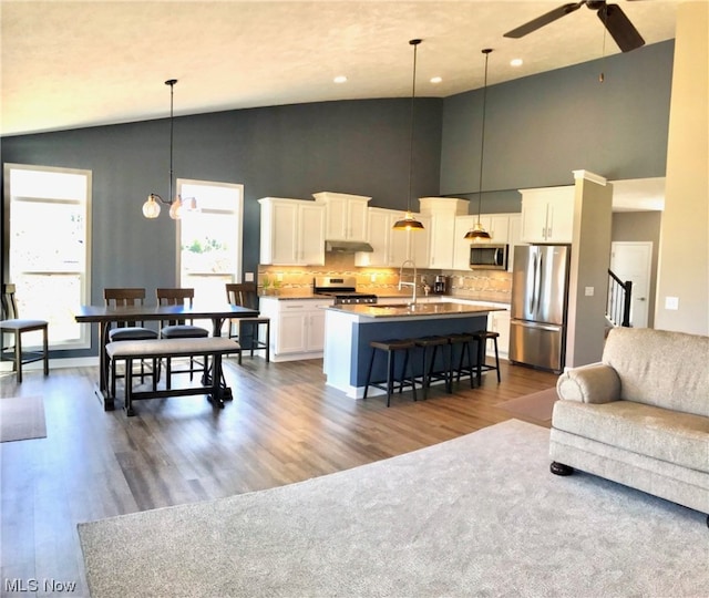 kitchen featuring appliances with stainless steel finishes, a kitchen island with sink, high vaulted ceiling, and white cabinets