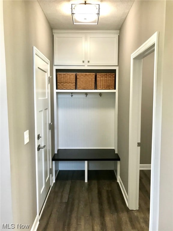 mudroom with a textured ceiling, baseboards, and dark wood-type flooring