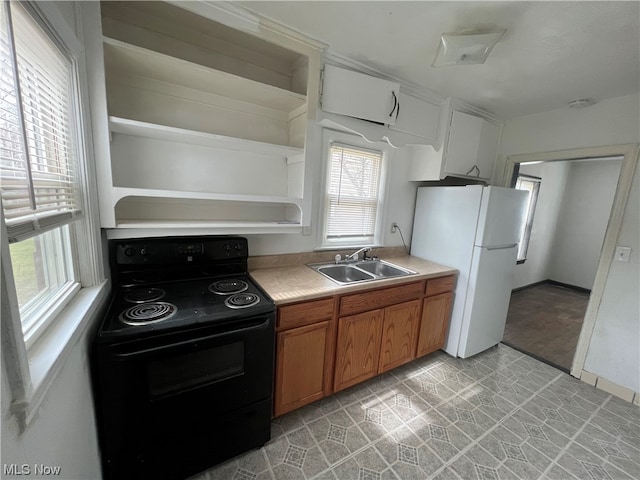 kitchen featuring black range with electric cooktop, sink, and white fridge