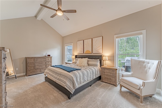 bedroom featuring light carpet, ceiling fan, high vaulted ceiling, and beamed ceiling