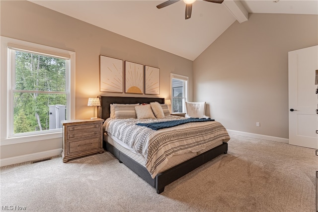 bedroom featuring light colored carpet, ceiling fan, high vaulted ceiling, and beam ceiling