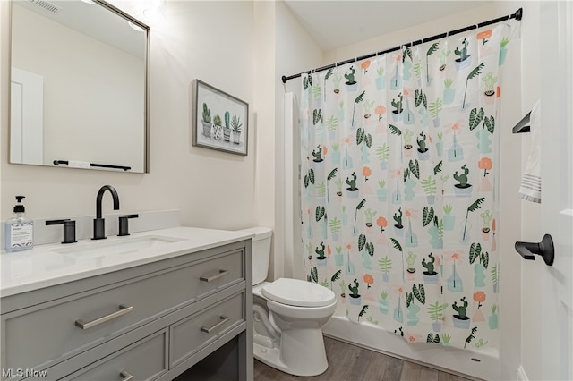 bathroom featuring wood-type flooring, toilet, and vanity