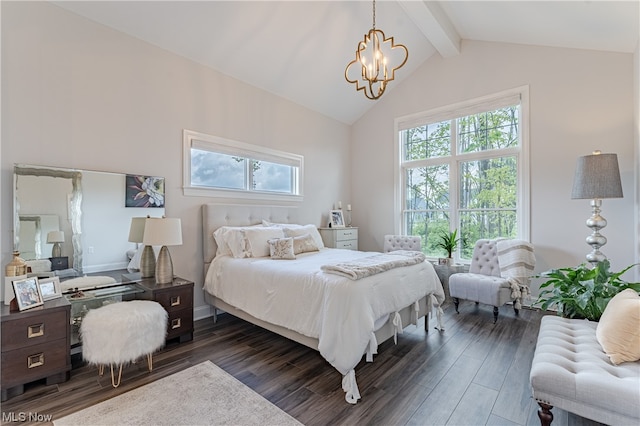 bedroom with a notable chandelier, dark hardwood / wood-style floors, and beamed ceiling