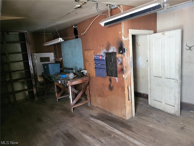 basement with dark hardwood / wood-style flooring