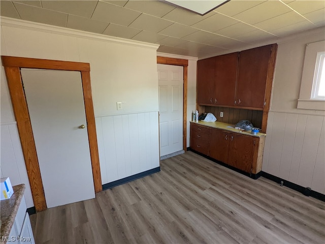 kitchen featuring ornamental molding and light wood-type flooring