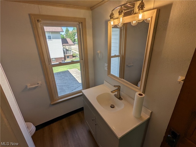 bathroom with toilet, ornamental molding, oversized vanity, and wood-type flooring