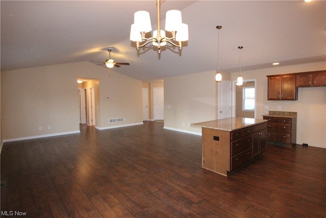 kitchen with a center island, decorative light fixtures, dark hardwood / wood-style floors, and ceiling fan with notable chandelier