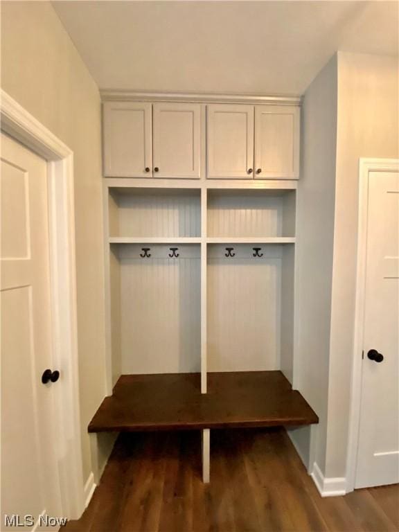 mudroom with dark wood-type flooring and baseboards