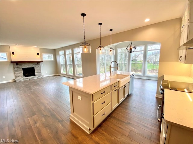 kitchen with a center island with sink, stove, open floor plan, light countertops, and a sink