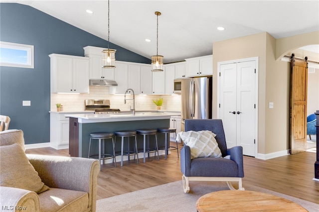 kitchen with a barn door, light hardwood / wood-style flooring, appliances with stainless steel finishes, and vaulted ceiling