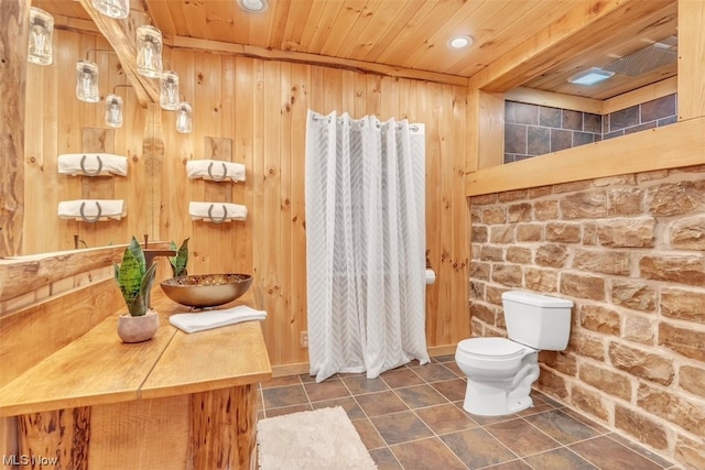 bathroom with toilet, wood ceiling, vanity, wooden walls, and tile flooring