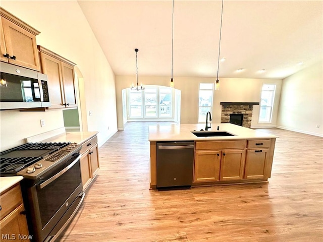 kitchen featuring pendant lighting, sink, light hardwood / wood-style floors, and appliances with stainless steel finishes