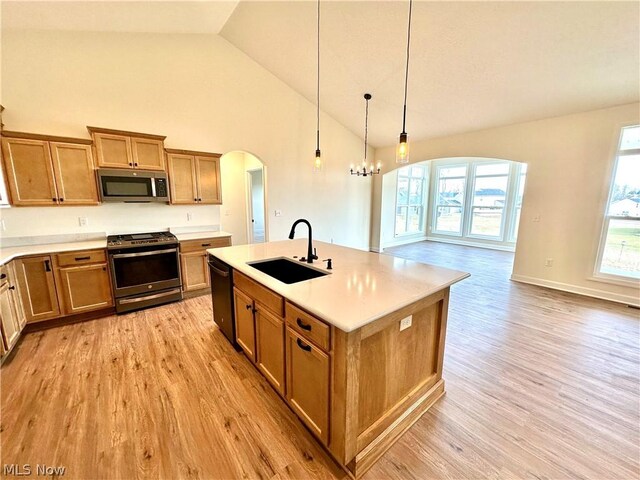 kitchen featuring decorative light fixtures, sink, a kitchen island with sink, light hardwood / wood-style floors, and stainless steel appliances