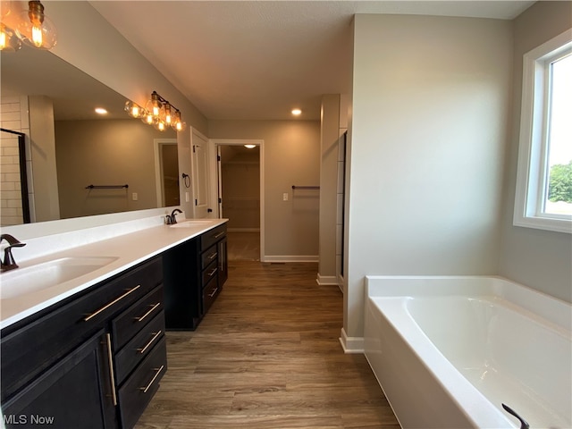 bathroom with vanity, wood-type flooring, and a tub