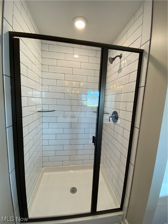 bathroom with a shower with shower door