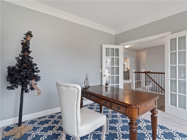 office area featuring french doors, crown molding, and baseboards