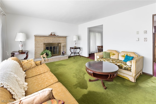 carpeted living room featuring a fireplace