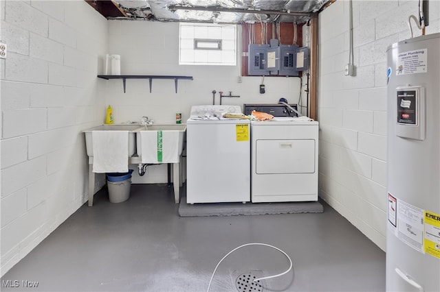 laundry area with electric panel, washer and clothes dryer, and water heater