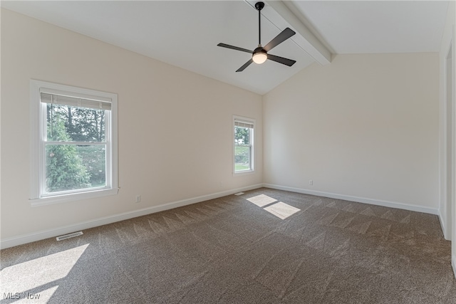 carpeted empty room featuring lofted ceiling with beams and ceiling fan