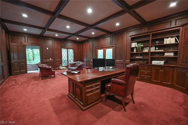 carpeted office space with beamed ceiling and coffered ceiling