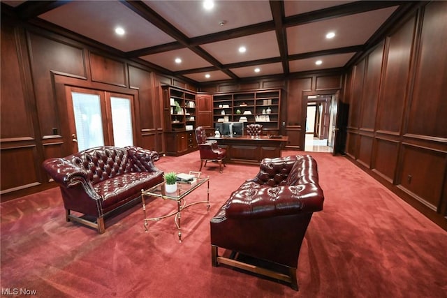 interior space featuring beam ceiling, built in features, and coffered ceiling