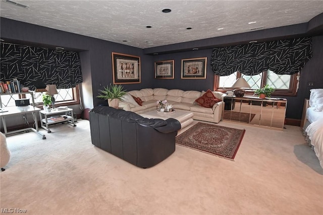 carpeted living room with a textured ceiling and plenty of natural light