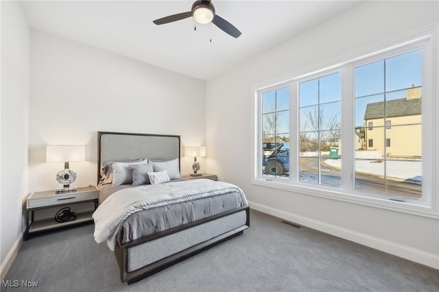 bedroom with ceiling fan and carpet floors