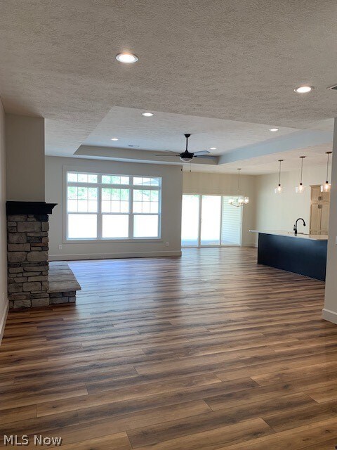 unfurnished living room with a textured ceiling, dark wood-type flooring, and a raised ceiling