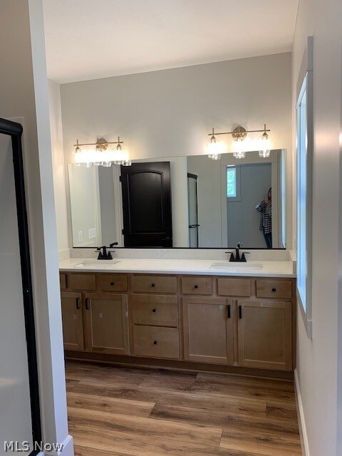 bathroom with hardwood / wood-style floors, large vanity, and dual sinks