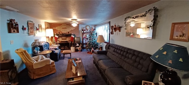 carpeted living room with brick wall, a brick fireplace, and ceiling fan