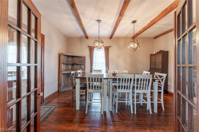 dining space featuring french doors, a notable chandelier, dark hardwood / wood-style flooring, and beamed ceiling