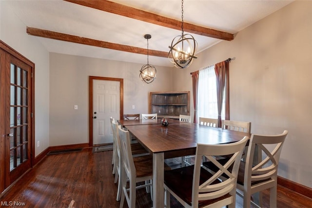 dining space featuring dark wood-type flooring, beam ceiling, and a chandelier