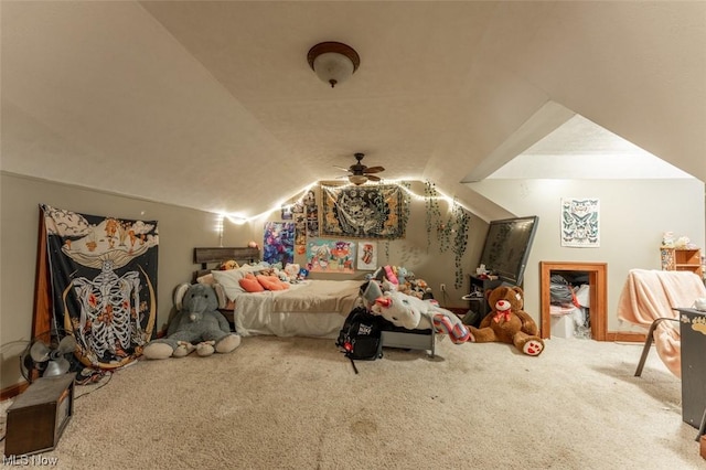 bedroom with carpet and vaulted ceiling