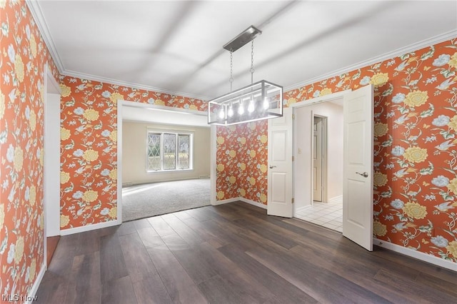 unfurnished dining area featuring dark hardwood / wood-style flooring and ornamental molding