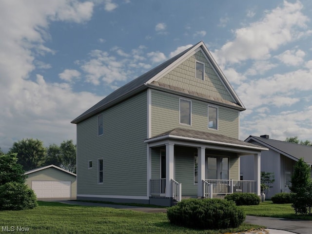 view of front of house featuring a porch, a front lawn, and a garage