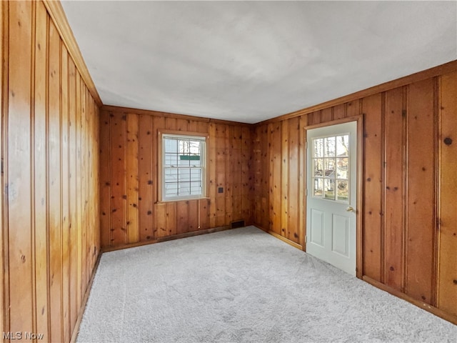 carpeted empty room with a healthy amount of sunlight and wooden walls