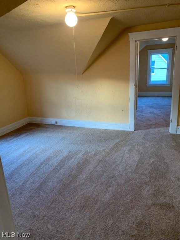 bonus room featuring light carpet, a textured ceiling, and vaulted ceiling