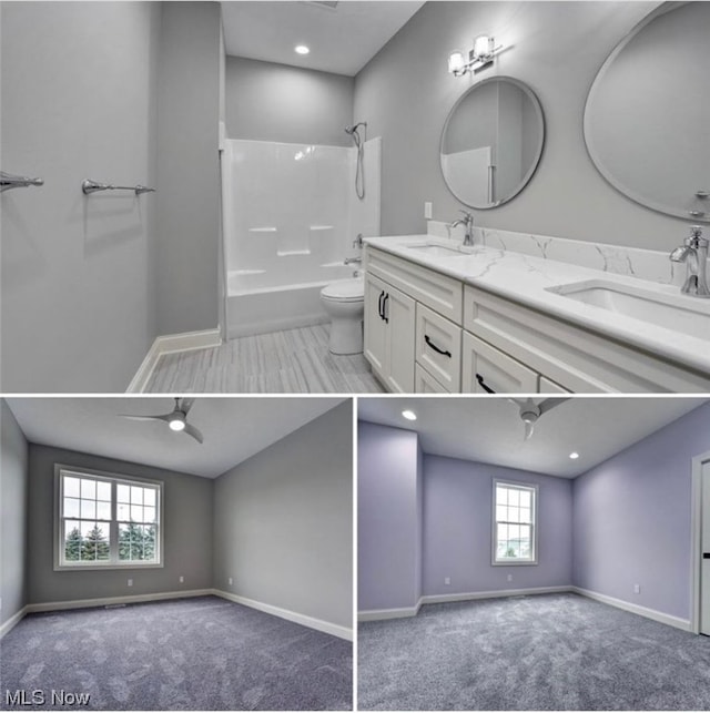 bathroom with a shower, vanity, and toilet