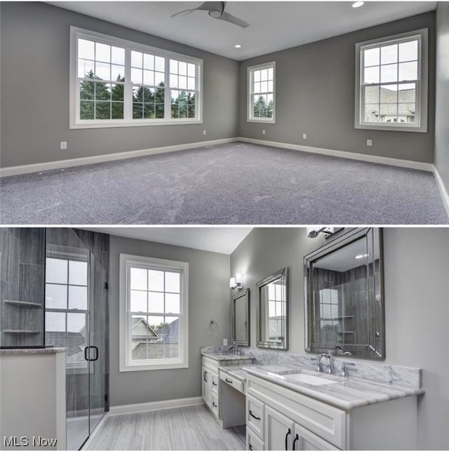 bathroom featuring walk in shower, vanity, and ceiling fan