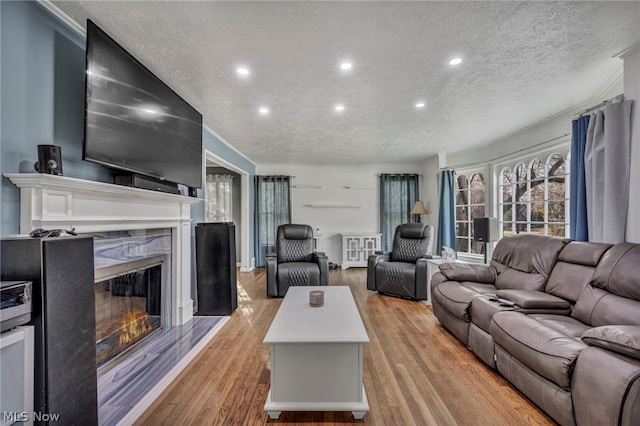 living room featuring light hardwood / wood-style floors, a premium fireplace, and a textured ceiling